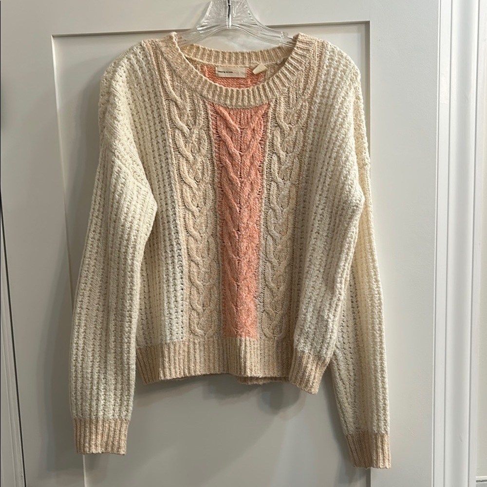 Cream and Pink Cable Knit Crew Neck Sweater